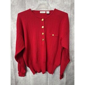 Vintage Talbots Wool Cardigan Women L Gold Buttons Red Academia Preppy Old Money